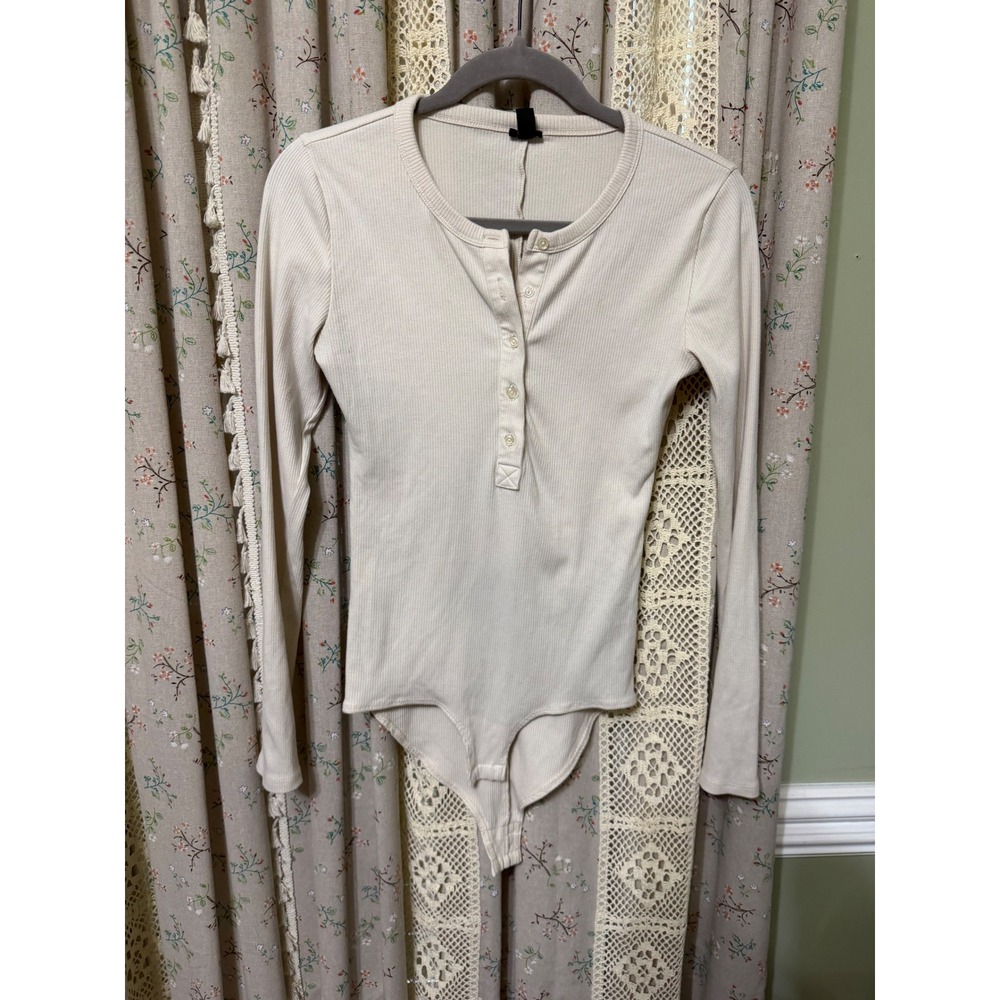 J. Crew Small Ivory Ribbed Henley Long Sleeve Bodysuit Stretch Cotton